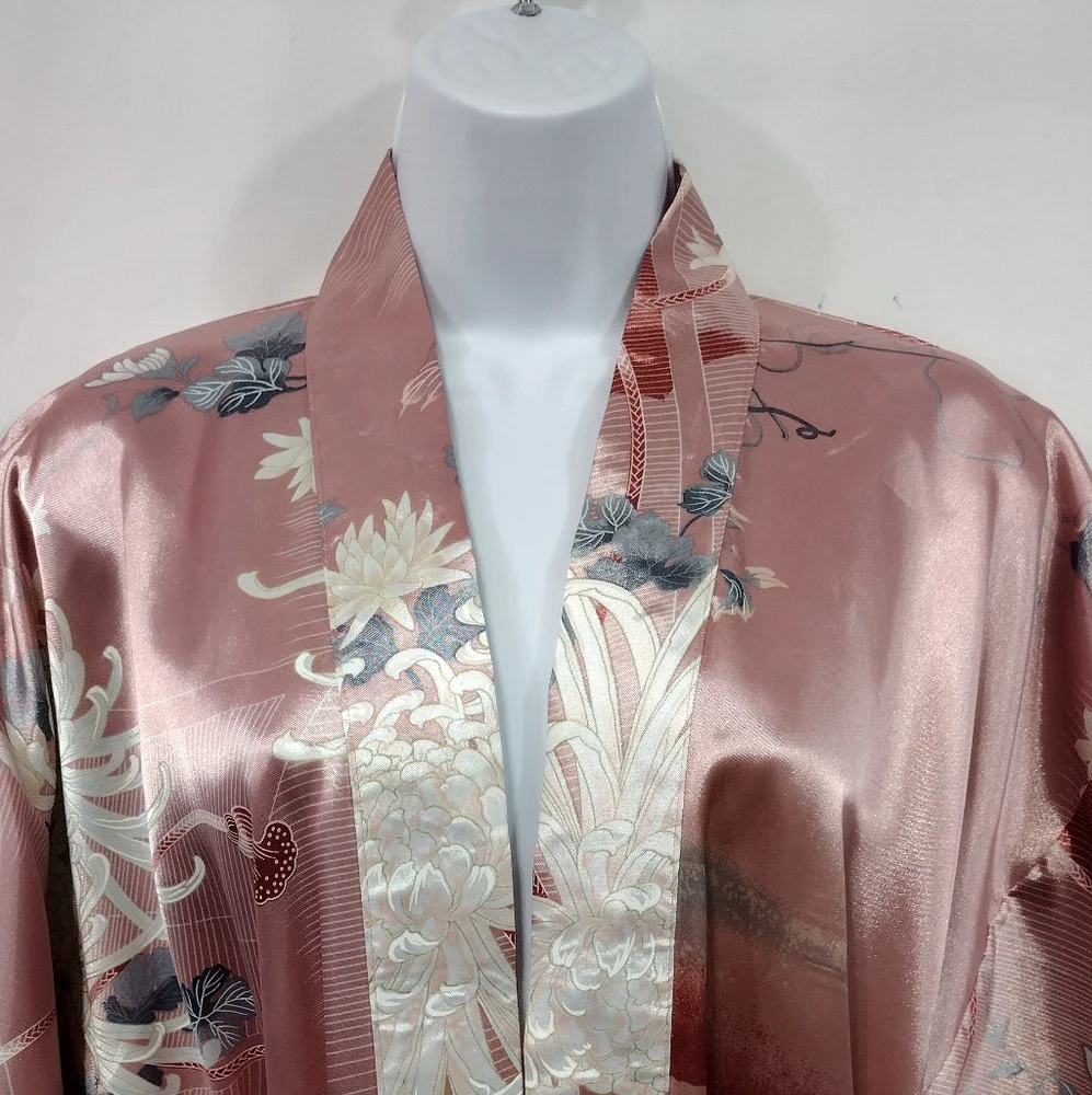 Floral Silky Floral Kimono Robe Womens XL Pink Made in Japan Retro 90s Y2K - Picture 2 of 8